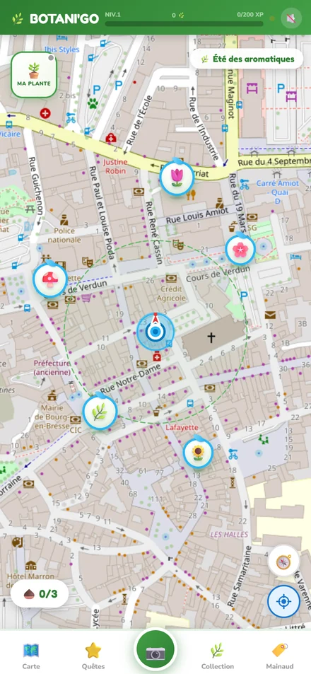 Carte Botani'go — les plantes à capturer apparaissent autour de vous