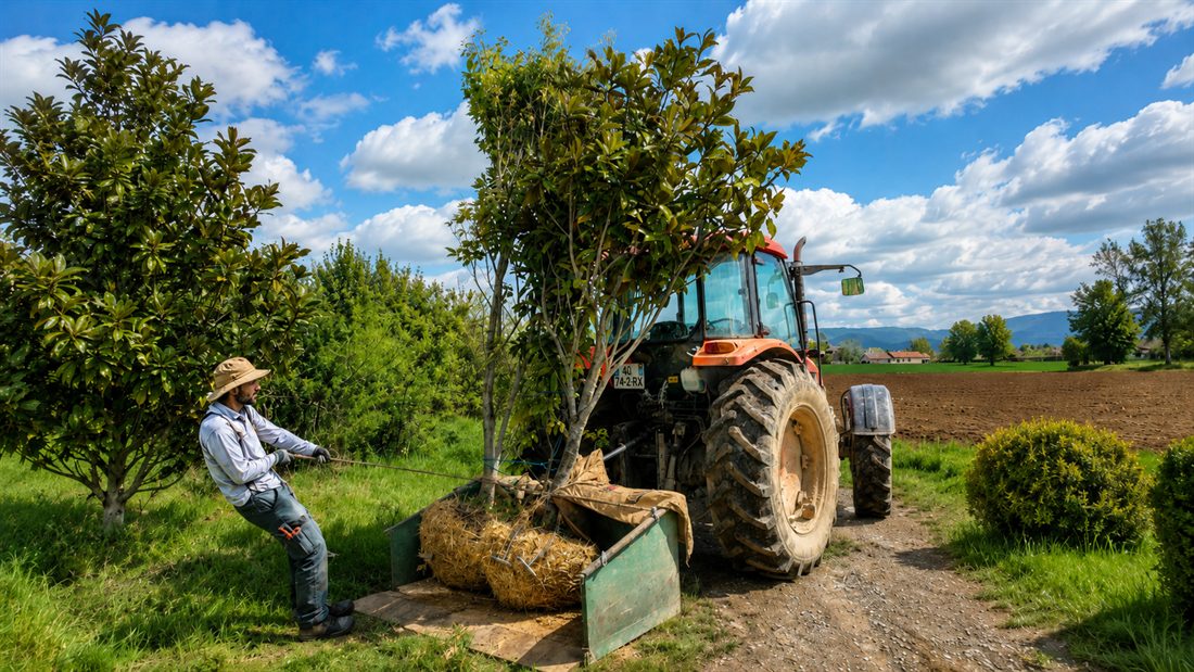 Pépiniériste préparant une motte d'arbre pour livraison