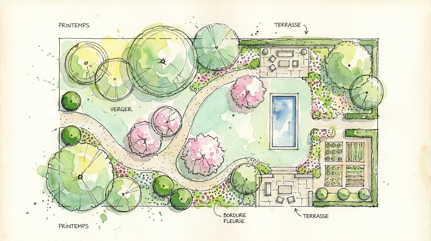 Croquis aquarelle d'un plan de jardin