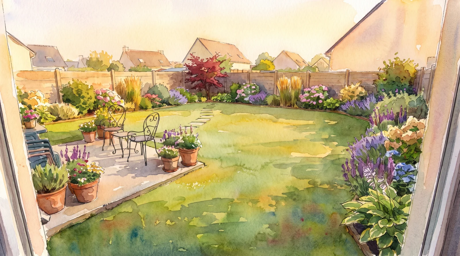 Après — le même jardin aménagé par les Pépinières Mainaud : massifs, arbre d'ornement, allée