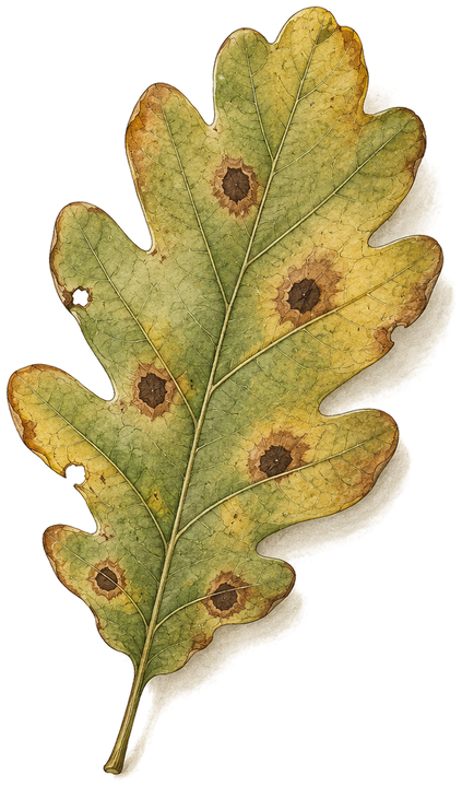 Feuille de chêne atteinte de taches noires