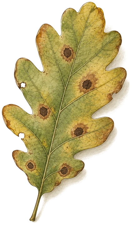 Feuille de chêne atteinte de taches noires