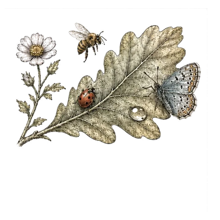 Illustration : feuille de chene avec abeille, coccinelle et papillon